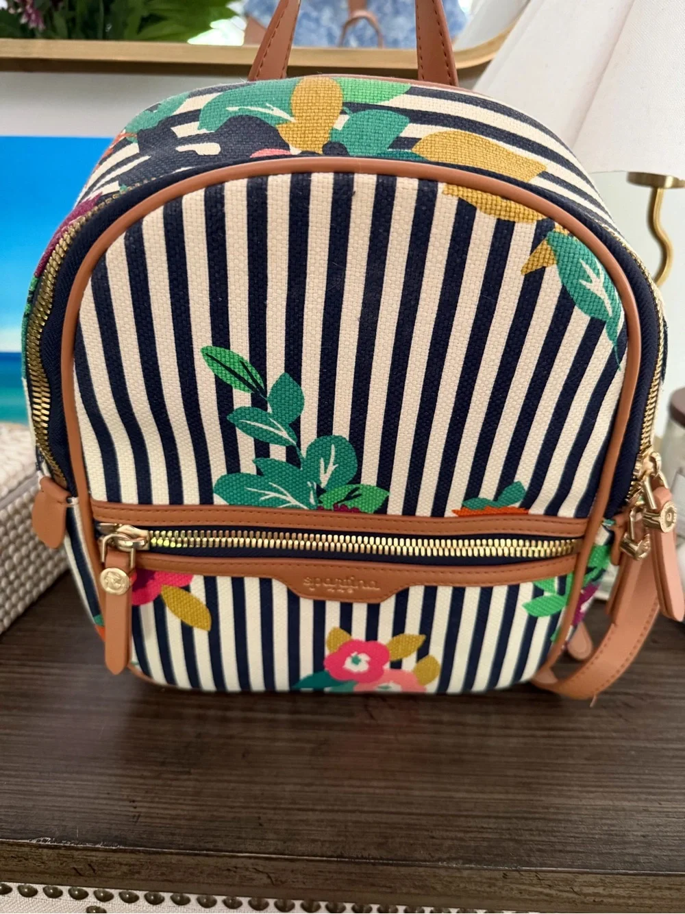 Spartina Floral Stripe Mini Backpack - Navy/White with Green & Pink Accents